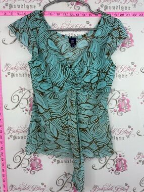 Reitmans y2k top Aqua & Brown Printed Wrap-Front Cap-Sleeve Top